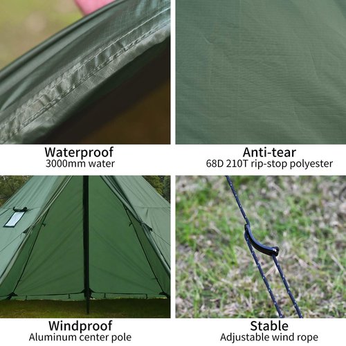 Hot Tent with Stove Jack, 6.89ft Standing Room with Snow Skirt, 2~4 Person, Tipi Tent for Family, Hiking, Fishing, Hunting, Backpacking Camping