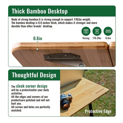 KingCamp Bamboo Folding Table, 4-Fold Camping Adjustable Height Portable Outdoor Lightweight & Compact Table with Aluminum Frame for RV Picnic BBQ Tailgating