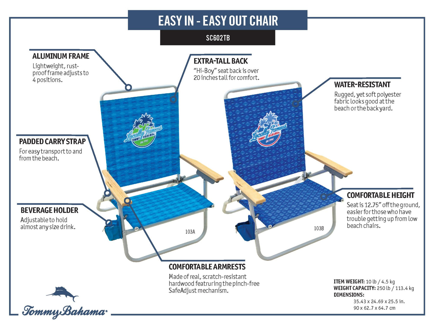 Tommy Bahama 2-Pack of 4-Position Easy in-Easy Out Folding Beach Chair, Blue