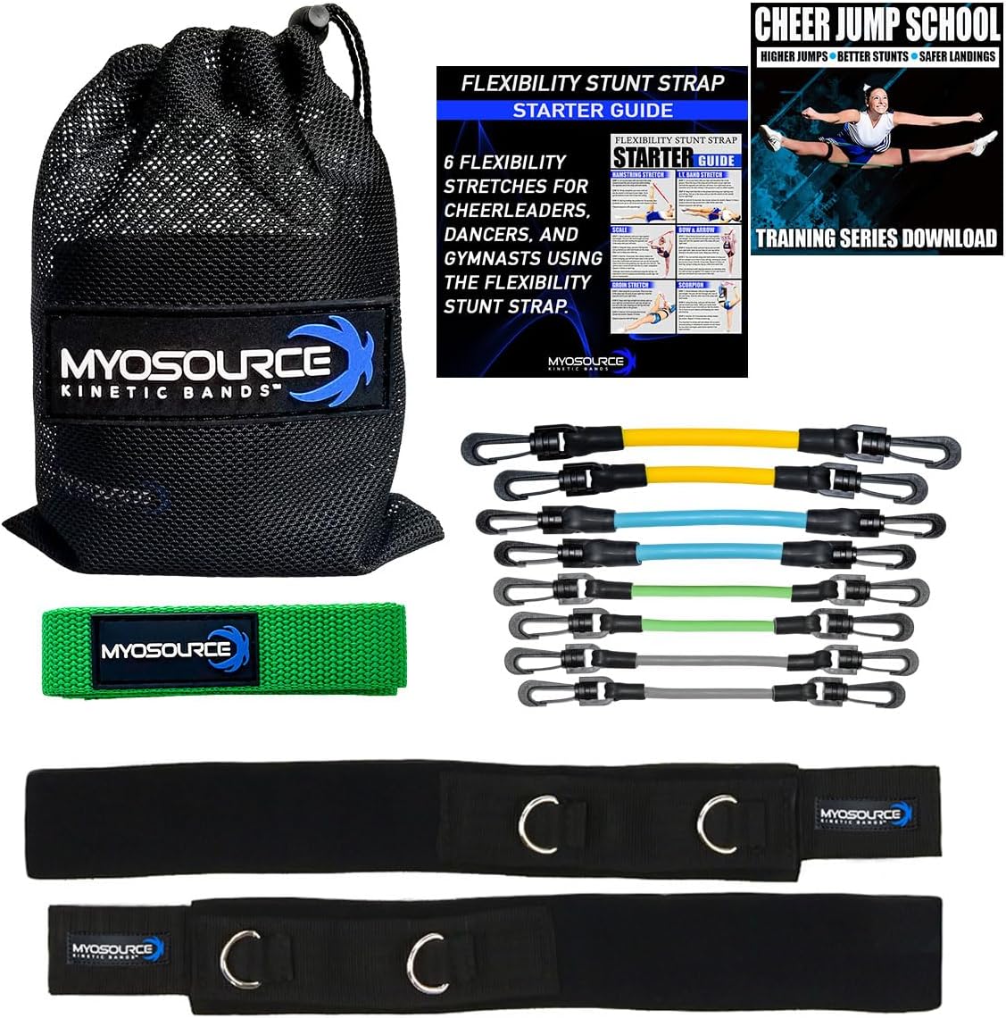 Cheer Kinetic Bands Cheerleader Flexibility and Strength Training | Improve Jumps, Stunts, Landings | 4-Level Leg Resistance Bands & 12 Stunt Strap Color Options, Digital Training Downloads