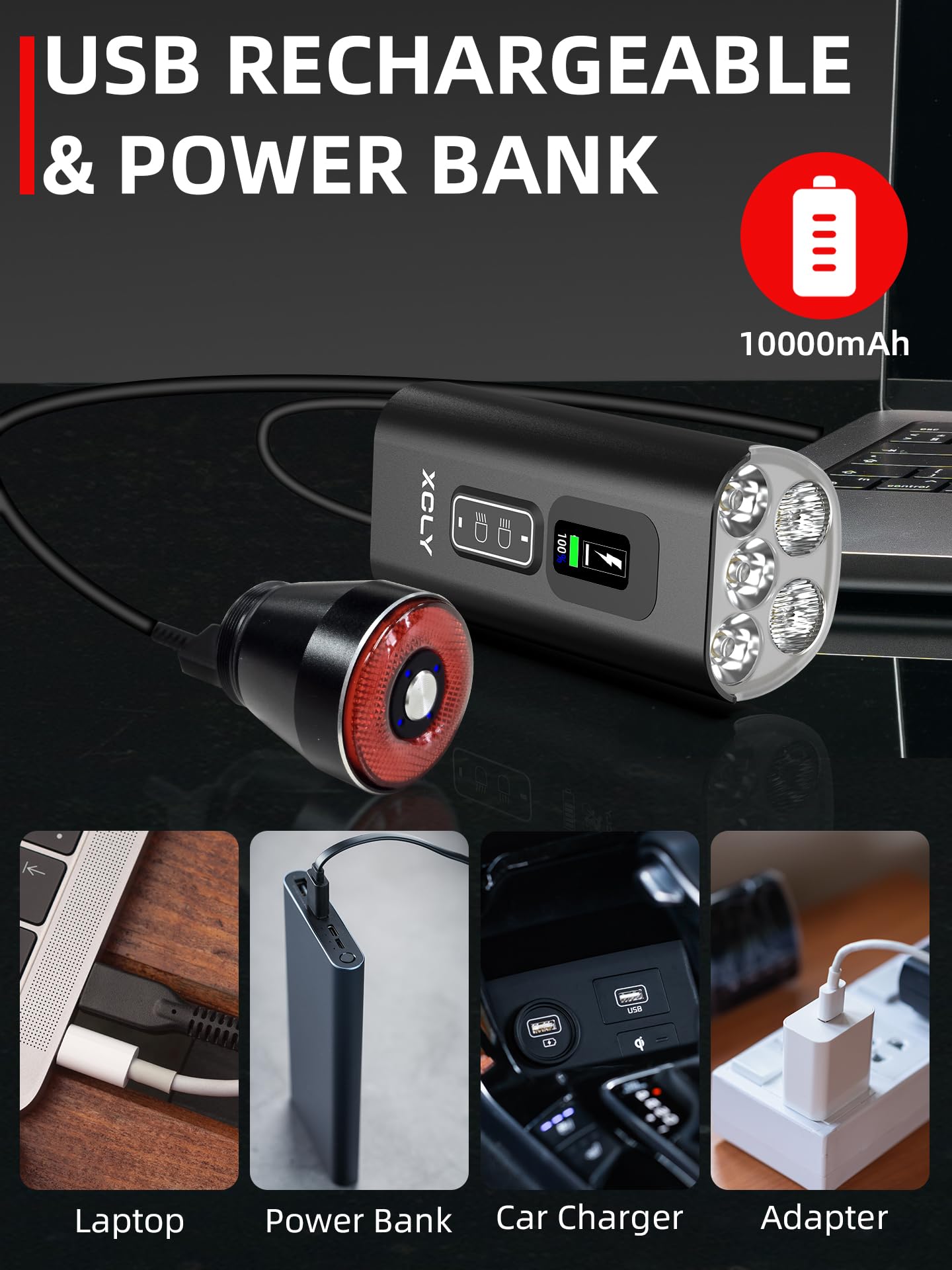 10000mAh Bike Lights for Night Riding - Mental Bike Light Set 5LED Light USB Rechargeable Front and Back Headlights & Taillights for Night Riding - 20000 Lumen, Easy Install, IPX6 Waterproof - Black