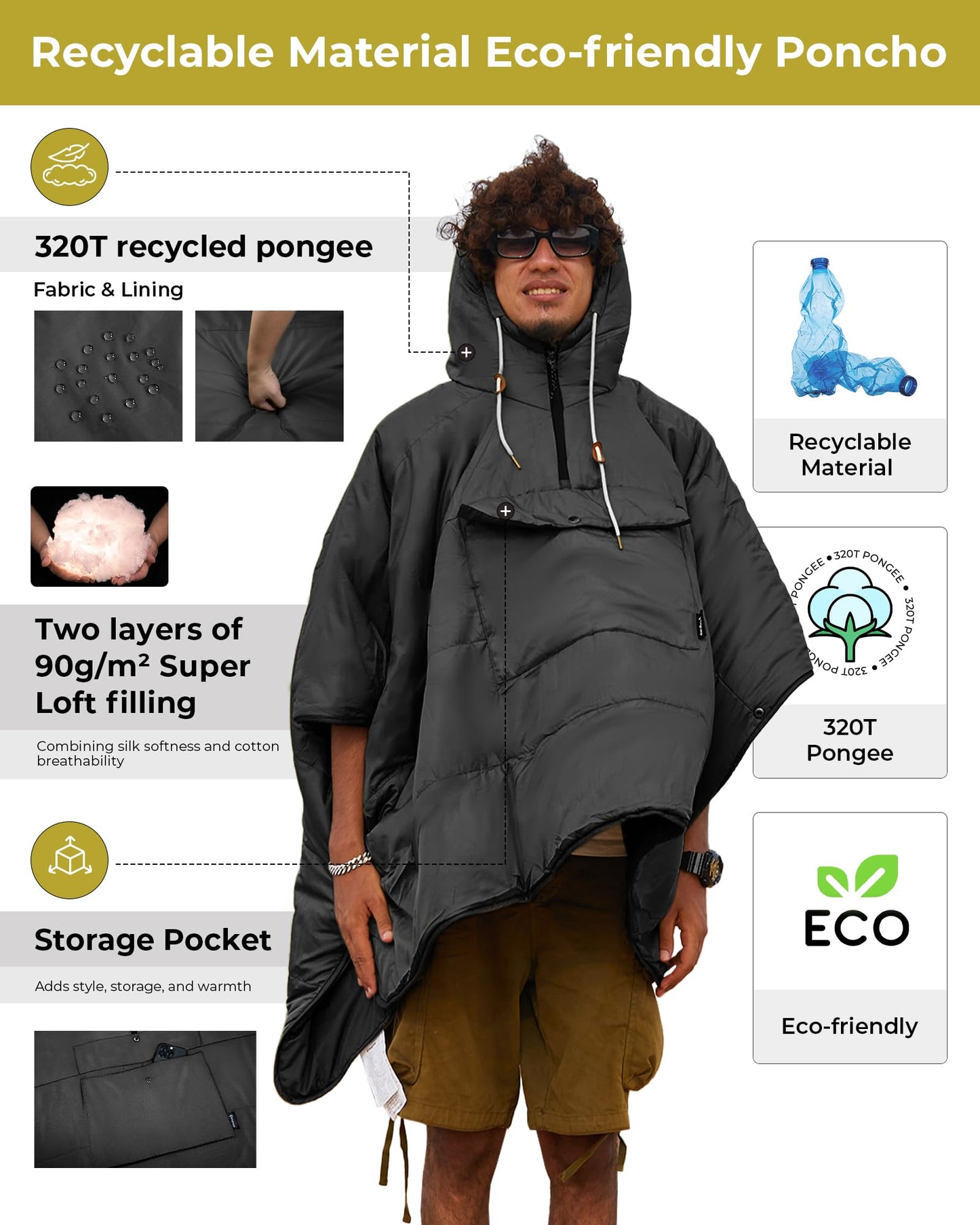 KingCamp Camping Blanket Poncho, Wearable Honcho Hoodie Reversible Cape Windproof Water-Repellent Recycled Ponchos with Snap Buttons for Outdoor Hiking Stadium Travel Black, 66" x 48"