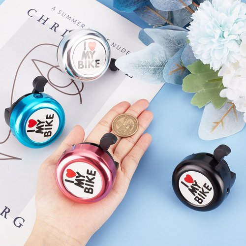 CREATCABIN I Love My Bike Bicycle Bell Aluminum Alloy Bike Bells Ring Round Pink Loud Sound Cycling Handlebars Bells with 4Pcs Resin Stickers for Road Mountain Bike Adults Bicycle Accessories 2x2Inch