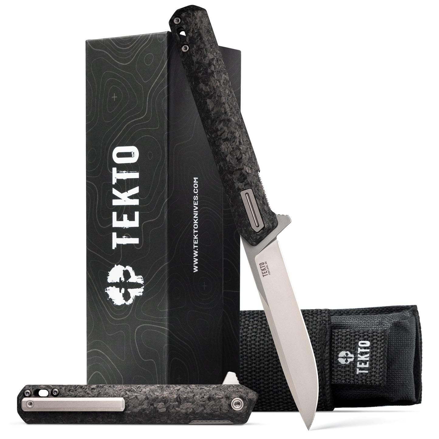 TEKTO F2 Bravo Folding Knife Pocket - D2 Steel Blade, Ceramic Ball Bearings - EDC - Snap, Swift Flip - Camping, Backpacking - 2.4oz (68g), Forged Carbon Handle, Silver Titanium Accents