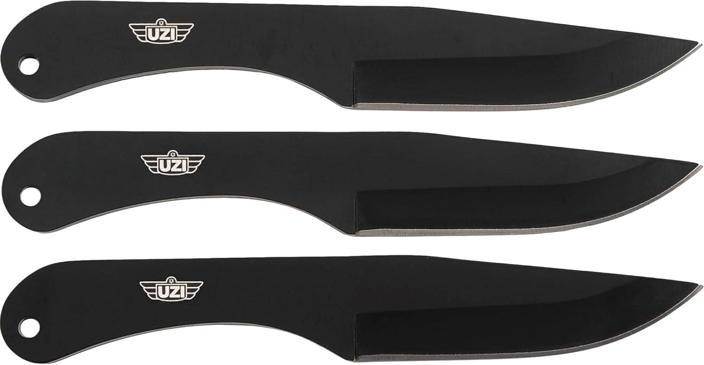 Uzi Three Piece Throwing Knife Set w/Leather Pouch, 3 Black Stainless Steel Blades Pack with Belt Loop