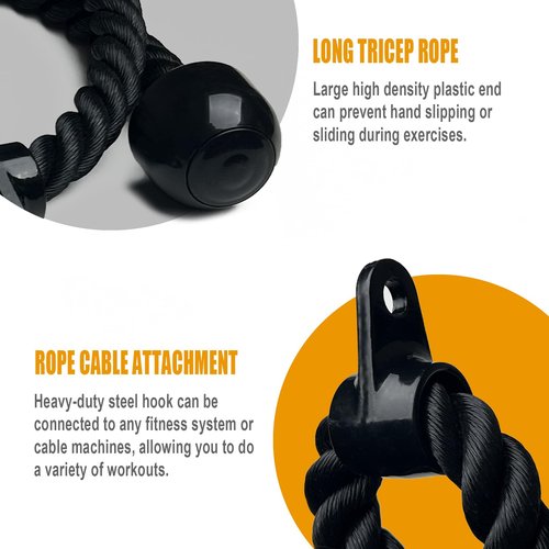 KORIKAHM Long Tricep Rope, Rope Pull Down Attachment 47 55 Inch Length Long, Tricep Rope Cable Attachment, Tricep Pull Down Rope for Home Gym Pulley System,Cable Machine Attachment (Length 63'')