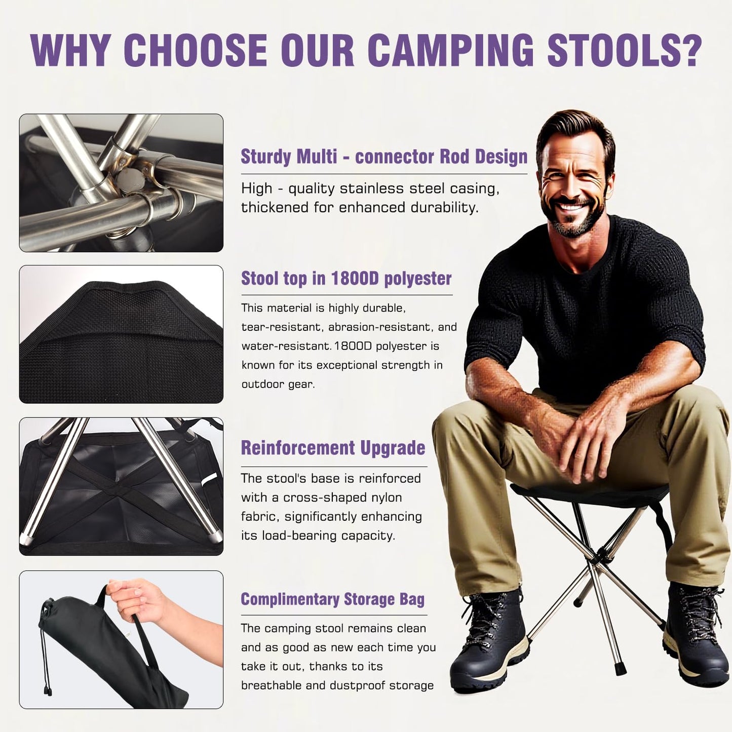 JVZI® Heavy Duty Folding Camping Stool - 275lbs Capacity, 1.34lbs Ultra-Light & Waterproof | 1-Pull Quick Setup for Family Camping, Hiking, Fishing, BBQ & Waiting in Line (1)
