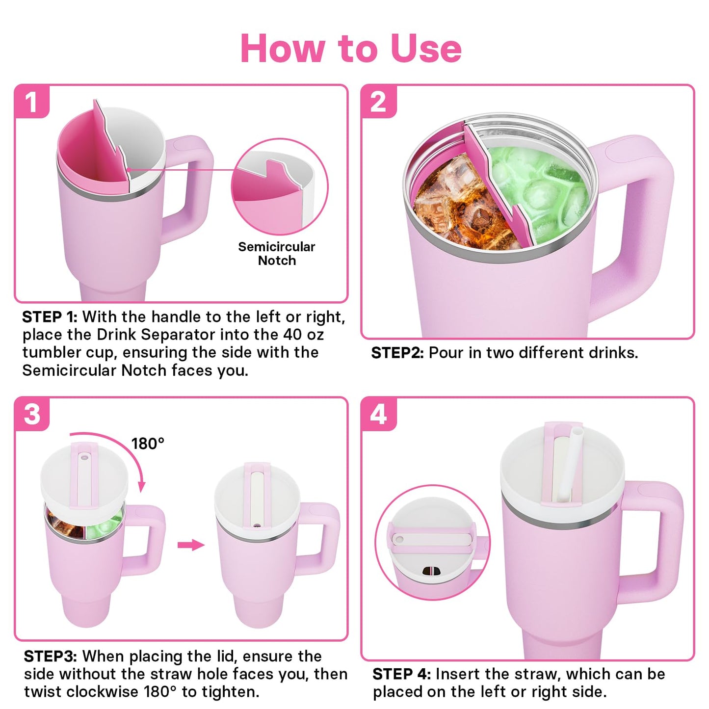 Kawaiita 2-in-1 Drink Separator Silicone Liner Compatible with Stanley Cup 40 oz, Stanley Accessories, Reusable Liner for Cold Drink Separator for Coffee, Juice, Cocktails, Whiskey (Pink and White)