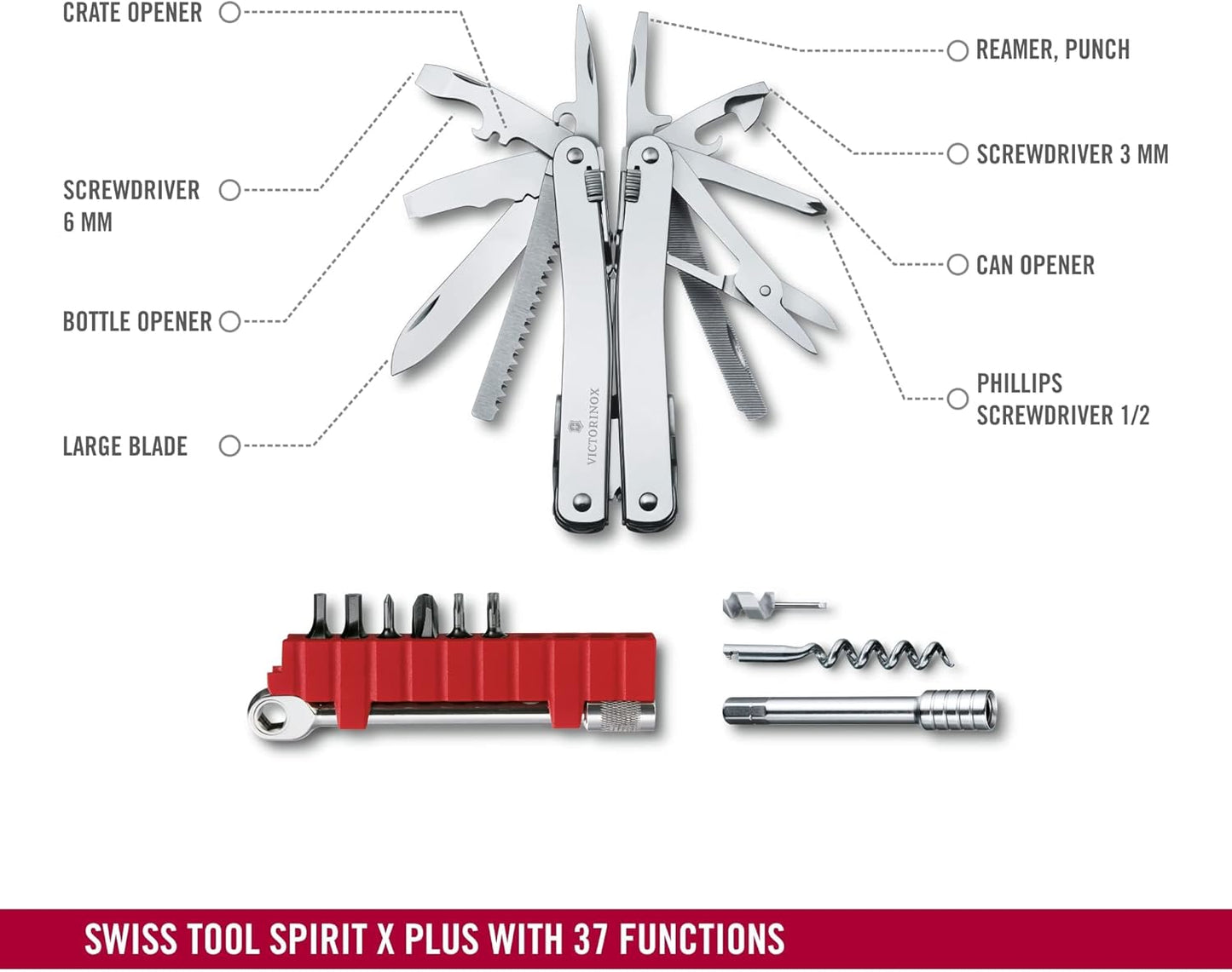 Victorinox Swiss Tool Swiss Army Knife, 24 Function Swiss Made Multi-Tool with Needle-Nose Pliers, Wire Cutters and Large Blade - Silver
