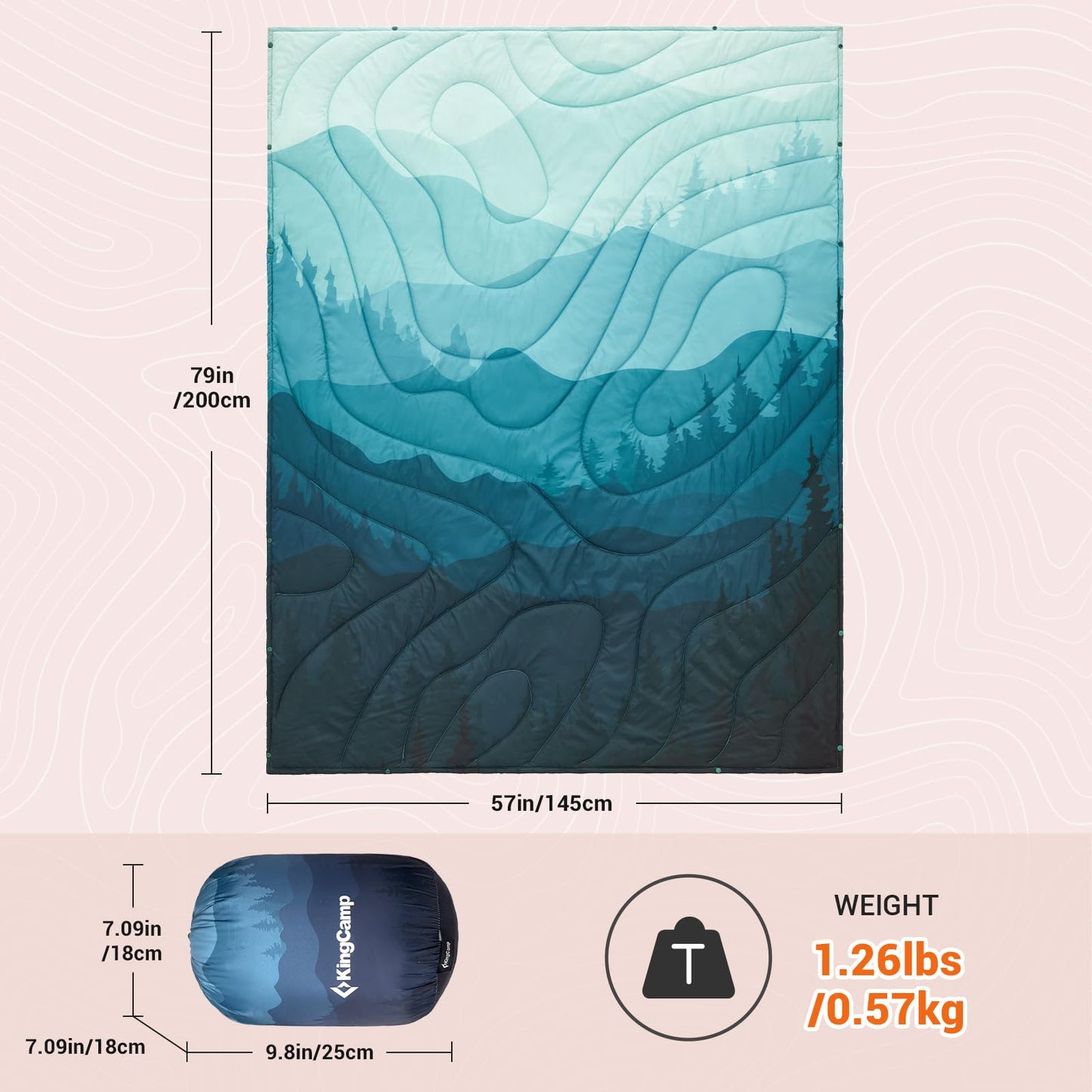 KingCamp Camping Blanket, Lightweight Stylish Printed Blanket Quilt | 79" x 57", Cyan and Orange Bundle