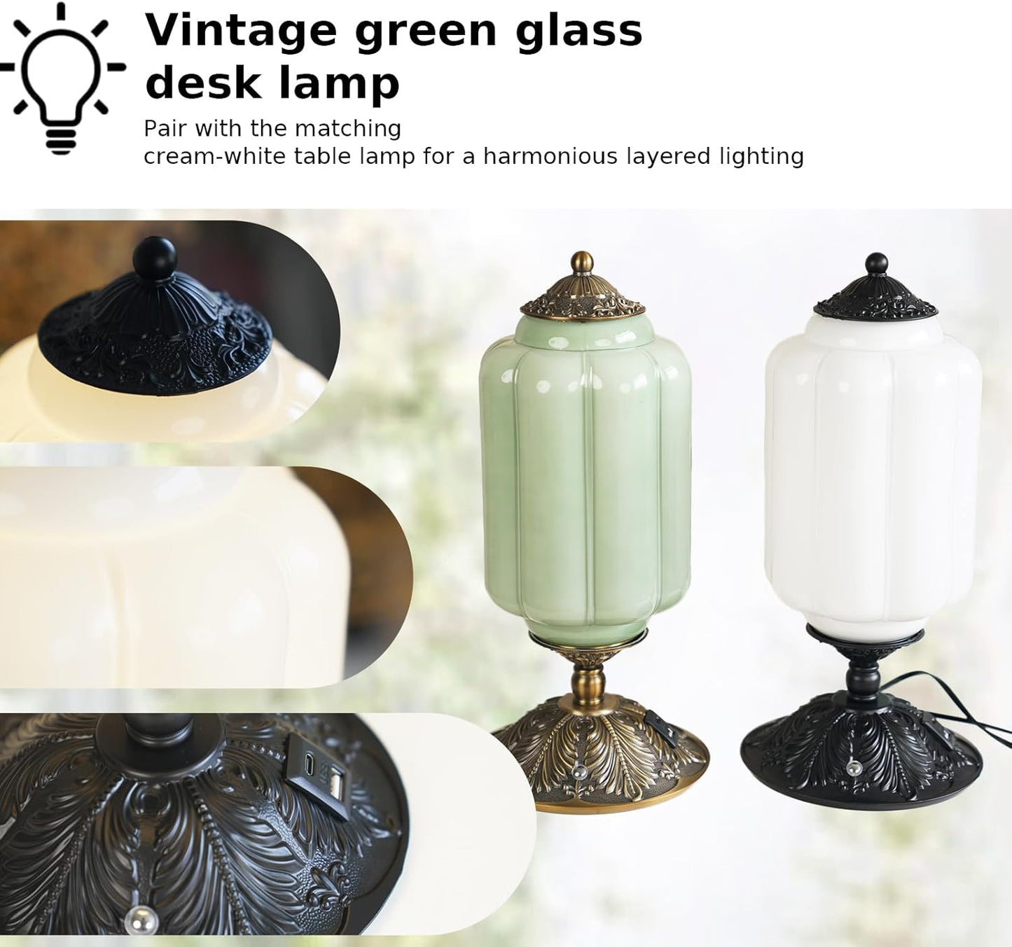 Milk Glass Touch Table Lamp, Elegant Green Jadeite Glass Bedside Desk Lamp 3 Way Dimmable with USB C+A Charging Ports - Bedroom Nightstand & Living Room Essential, 4W Bulb Included (Green, 6.5)