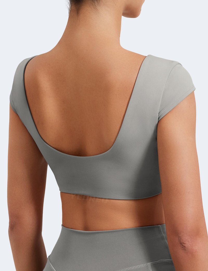 YEOREO Womens Square Neck Tank Tops Backless Summer Built in Bra Workout Crop Cap Sleeve Slice Casual Going Out Shirts Light Grey L