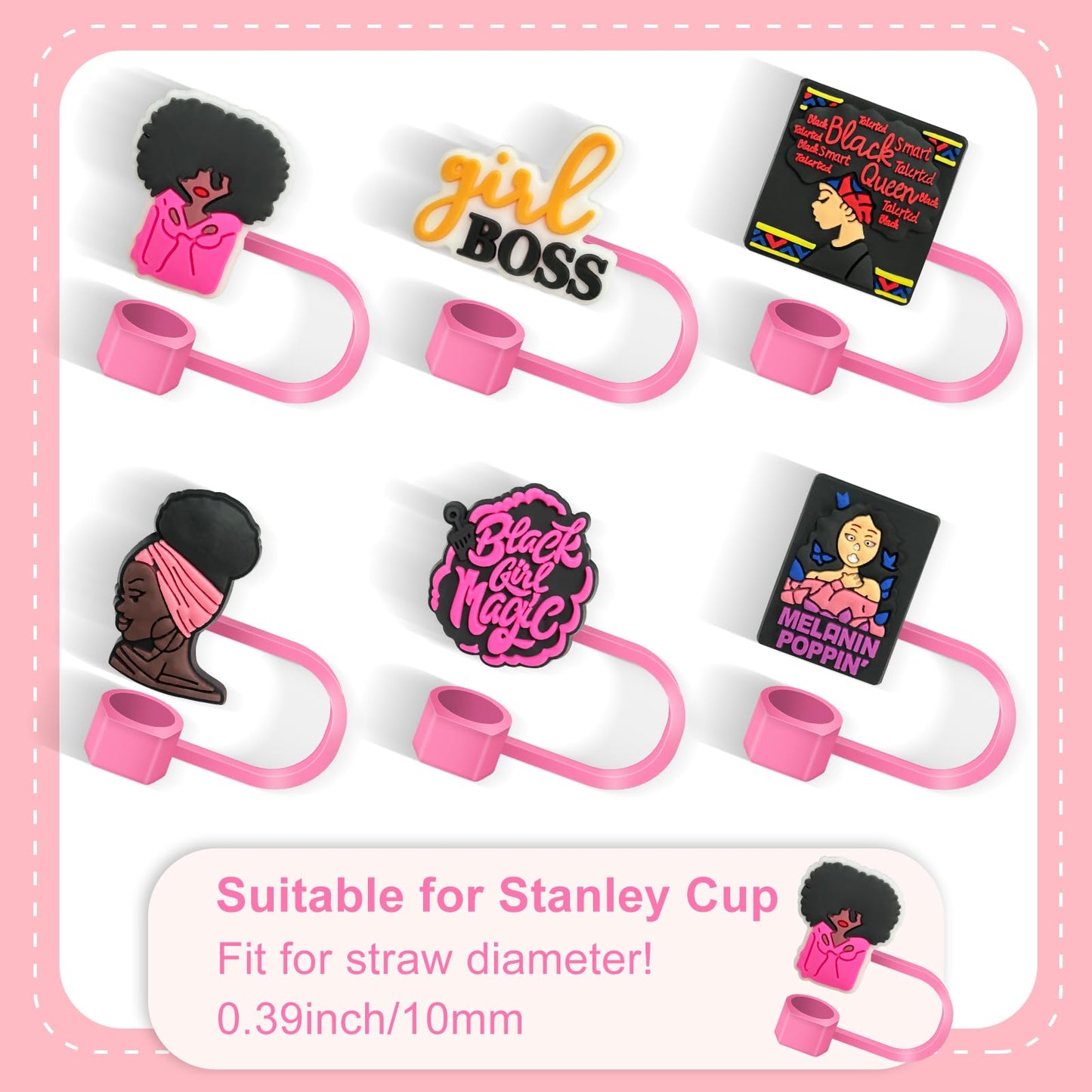 6 Pink Black Girl Straw Covers - Compatible with Stanley Cup, Reusable Silicone Straw Cover fits 0.4 Inch Straws