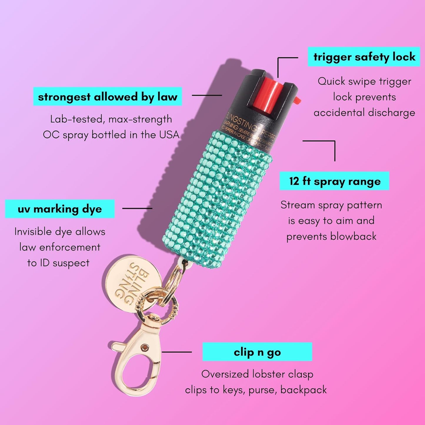 BLINGSTING Pepper Spray for Women - Maximum Strength OC Self Defense Spray - 12 ft Range - UV Marking Dye for Police ID - Swipe Safety Lock - Compact & Fashionable Keychain