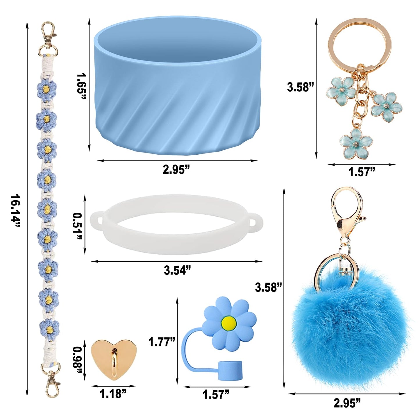 7PCS Accessories Set for Stanley Cup 40 oz 30oz, Including Protective Silicone Boot, Water Bottle Handle Strap, Keychain Charm, Heart Hook, Straw Cover Cap for Stanley Cup Accessories (Blue)