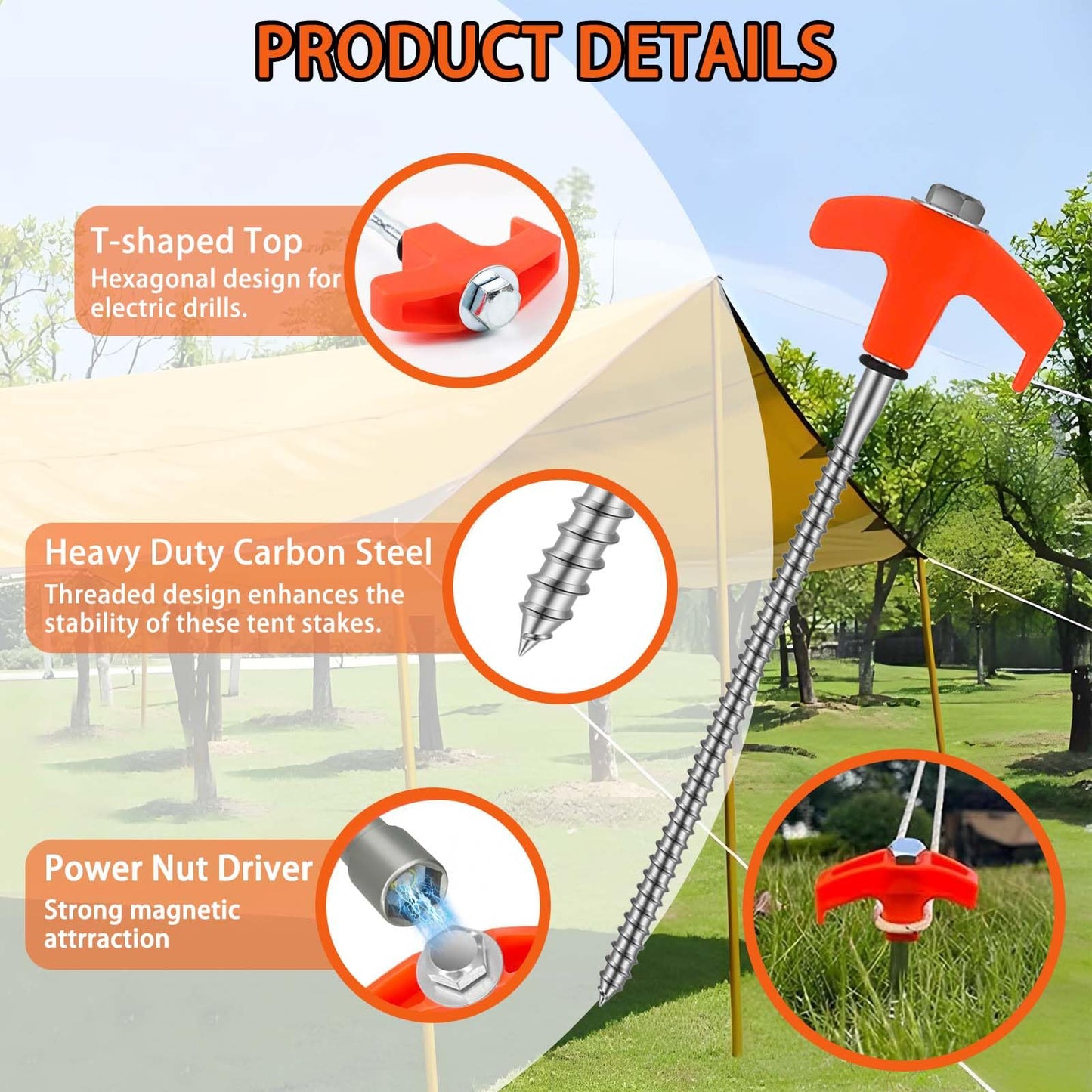 Kimmkco 8 Pack 8" Screw in Tent Stakes Heavy Duty Ground Anchors, Tent Pegs Metal Tent Spikes Camping Tent Stakes with Hex Head Driver & Nail Extractor for Outdoor, Camping, Canopy, Gardening, Beach