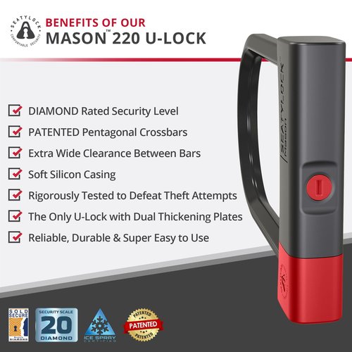 Seatylock Mason Bike U Lock - Patented Heavy Duty Anti Theft Diamond Security Bicycle Lock - Super Wide Safety Master Tool ULock with Keys for Electric Bikes Scooters and Motorcycles (8.66 Inch)