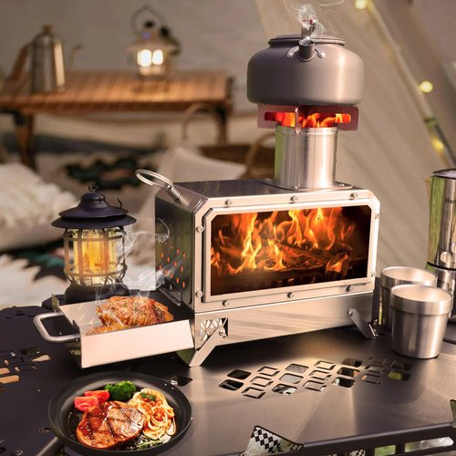 FOAPLE Outdoor Portable Wood Burning Stove,Mini Camp Oven, Camping Stove portable for Cooking, Stainless Steel Wood Burning Stove with Bag, Heat Insulation Pad, Gloves, Wood Stove for Hiking BBQ