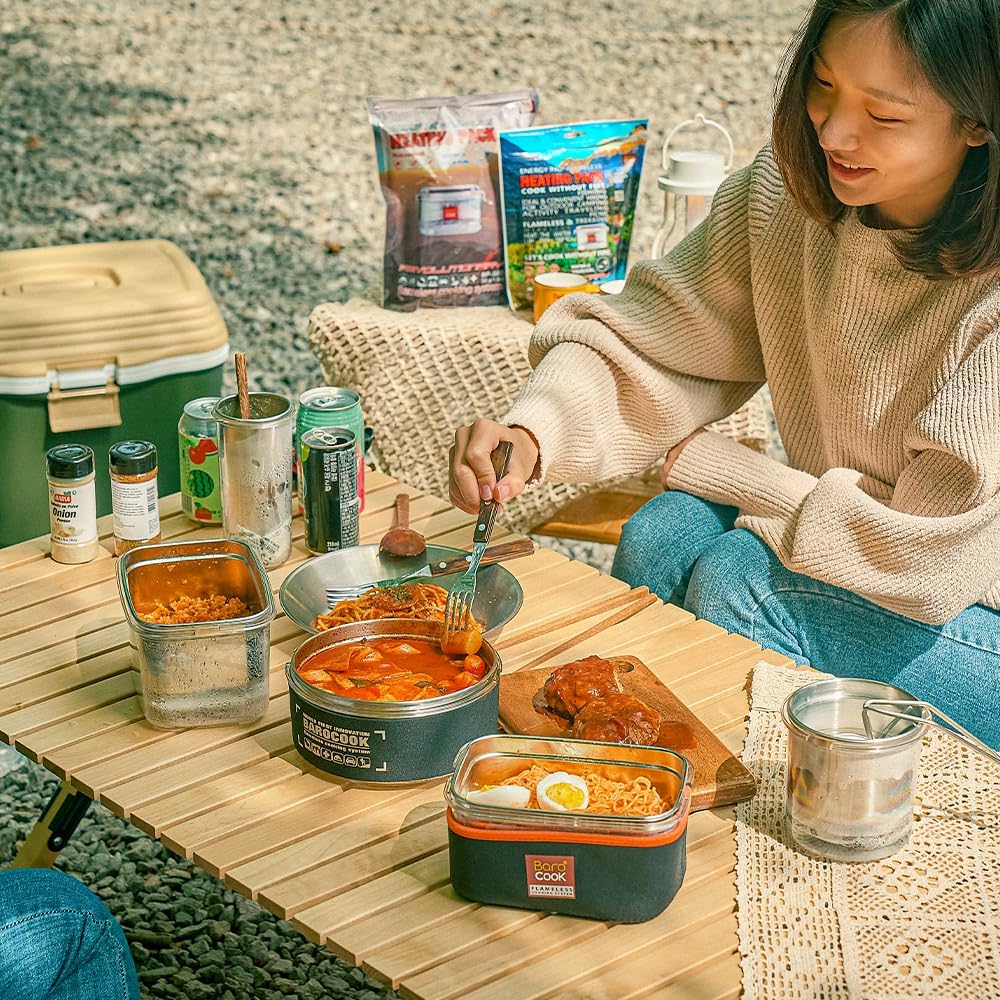 BC-010 Barocook Round Flameless Cookware 900 ml 30 oz- Portable Heating Food Container for Camping, Hiking, Fishing, Hunting & Outdoor Cooking– Heat Food Without Fire or Stove