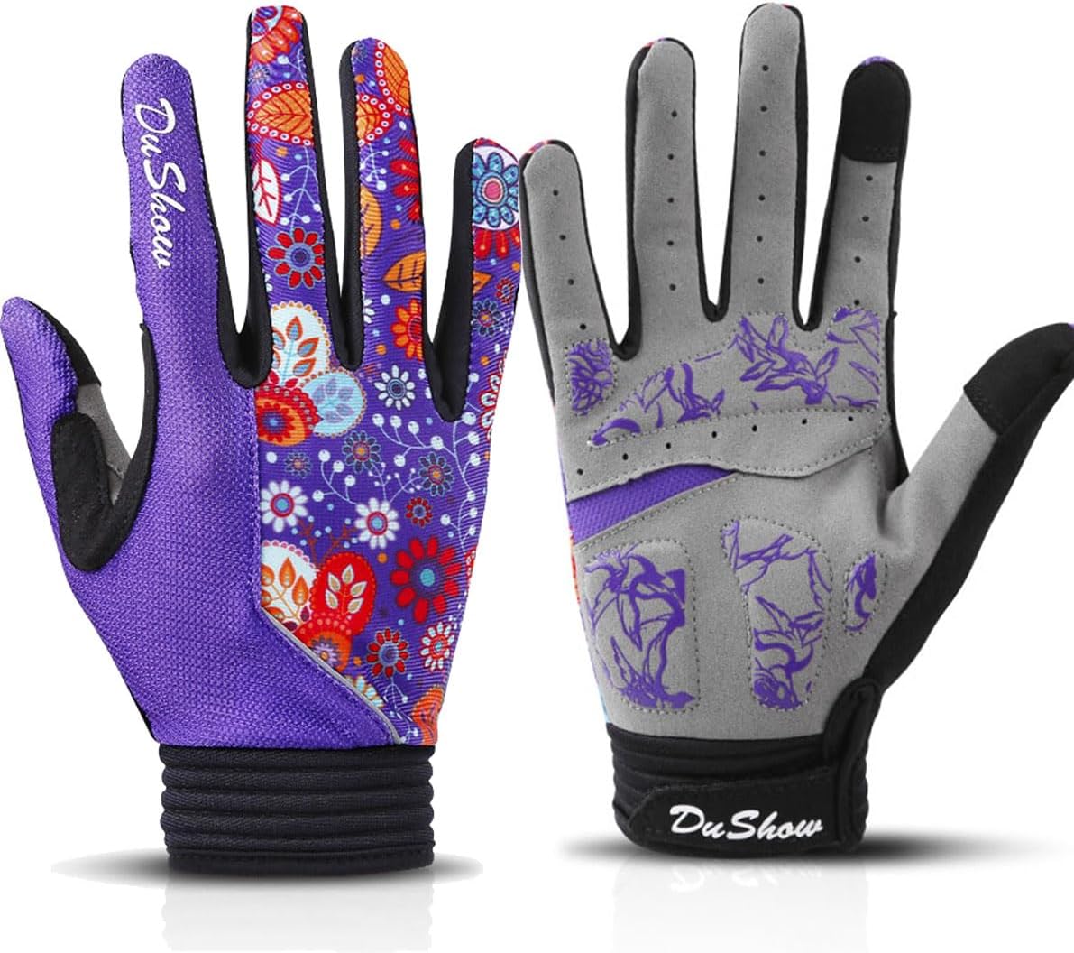 Pink Floral Cycling Gloves for Women | Full Finger Gel Padded Workout Gloves
