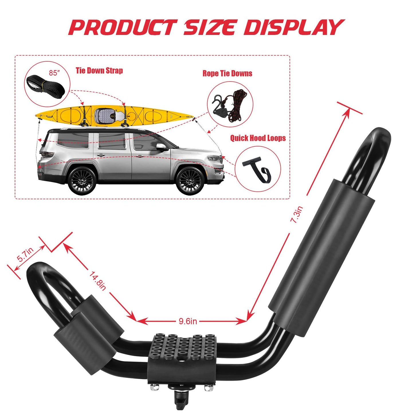 FORWODE Heavy Duty Kayak Roof Rack, 2 Pair J-Bar Kayak Rack with 4 Ratchet Tie, 4 S-Hook Ratchet Straps, 4 Anchor Belts for Kayak Canoe Boat Surf Ski on SUV Car Truck Crossbar