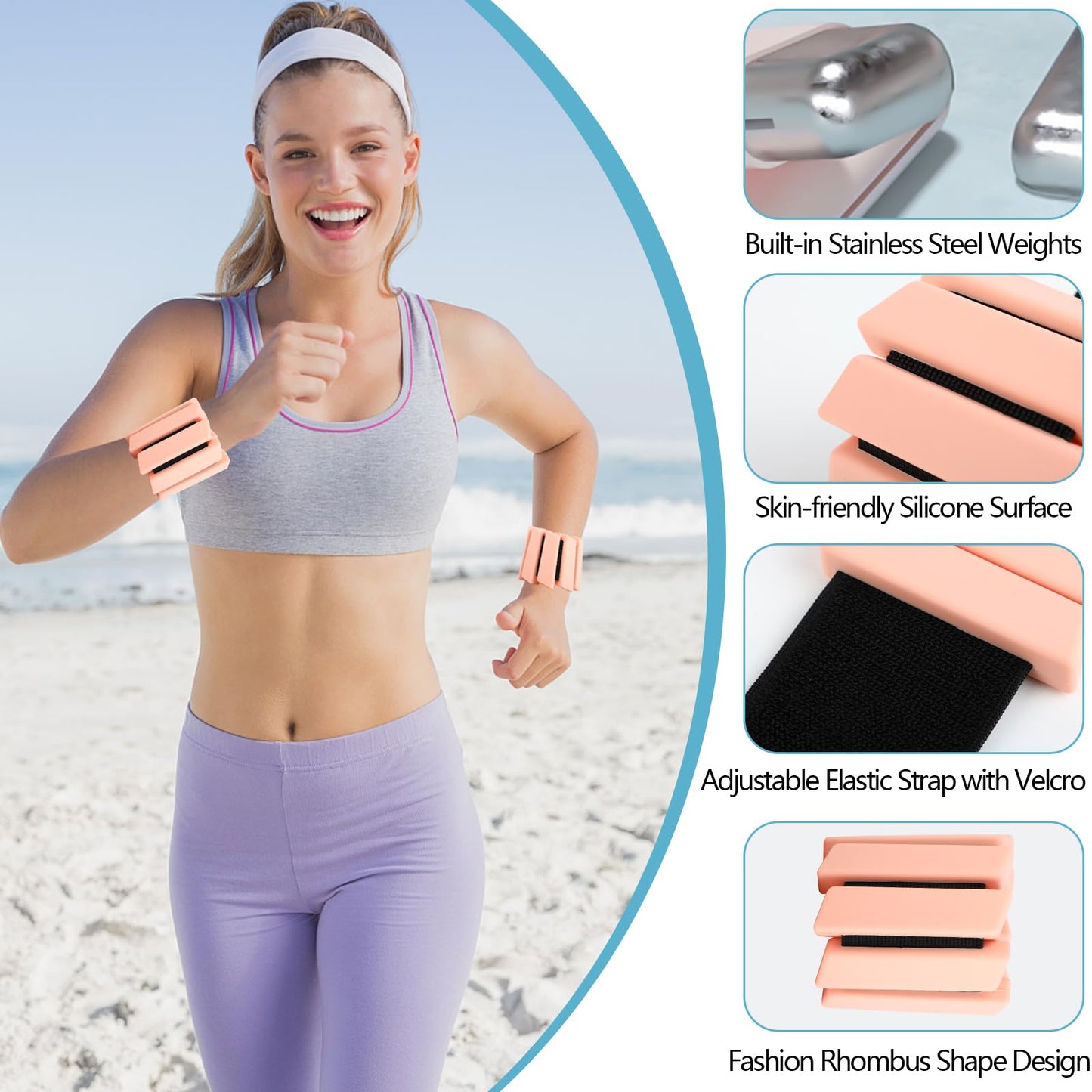 Ankle & Wrist Weights for Women Kids Men - Adjustable Silicone Ankle Weights Set of 2 (1Lb Each), Wearable Arm & Leg Workout Weights Set for Yoga Dance Pilates Cardio Aerobics Walking (Light Pink)