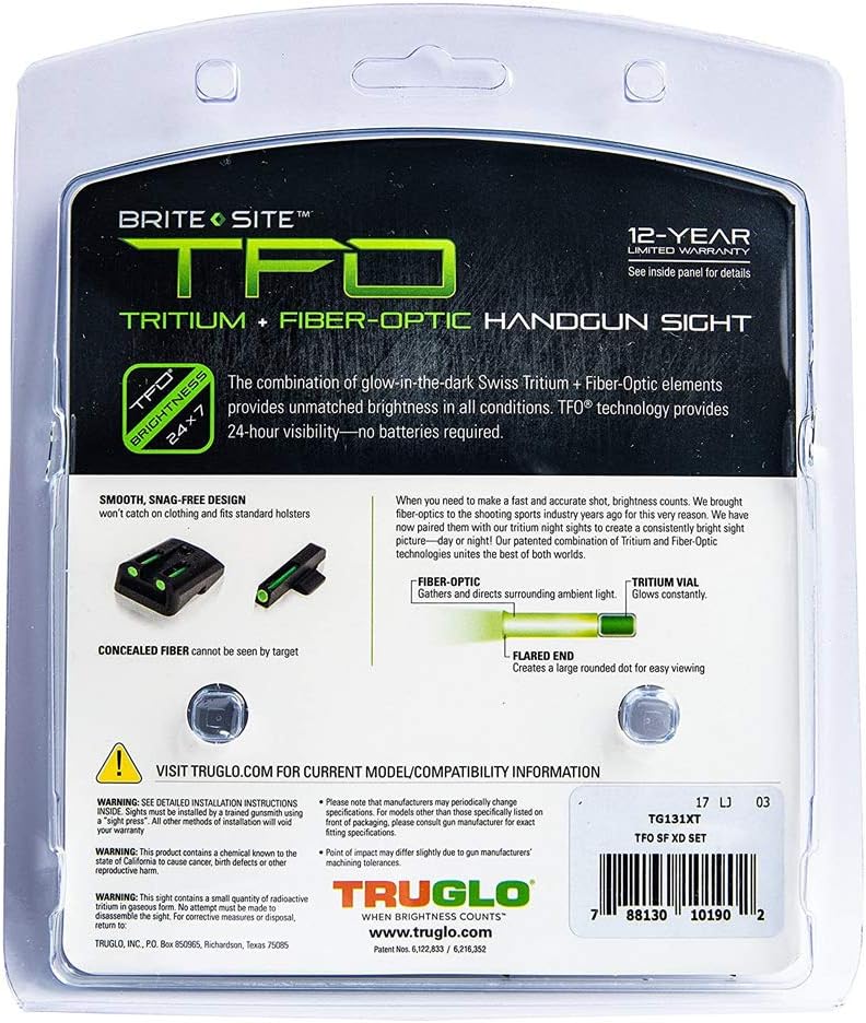 Truglo TFO Tritium & Fiber-Optic Handgun Sight Snag-Resistant Glowing Front & Rear Night Sights, Compatible with Springfield Armory XD Series