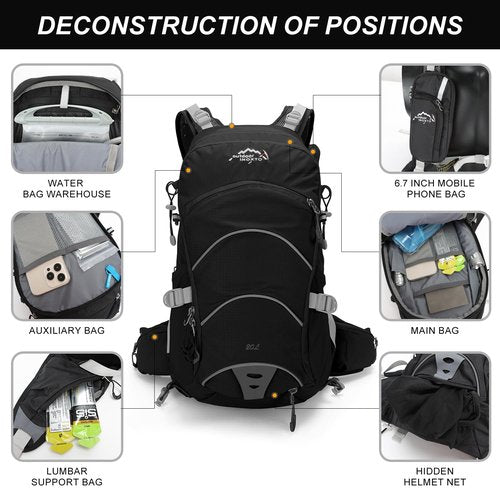 IX INOXTO Hydration Pack,20L Hydration Backpack, Hiking Internal Frame Backpacks with 2L Hydration Water Bladder and Rain Cover, for Cycling,camping, hunting,Ski, Snow for Men, Women (black)