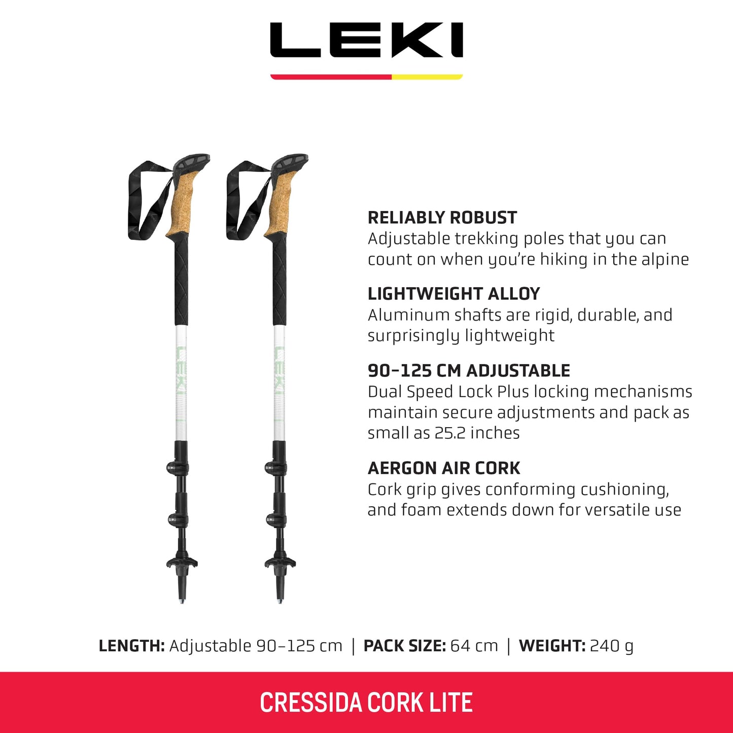 LEKI Cressida Cork Lite Aluminum Adjustable Lightweight Walking Poles for Trekking & Hiking - White-Silver-Green - 90-125 cm
