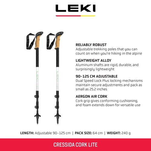 LEKI Cressida Cork Lite Aluminum Adjustable Lightweight Walking Poles for Trekking & Hiking - White-Silver-Green - 90-125 cm
