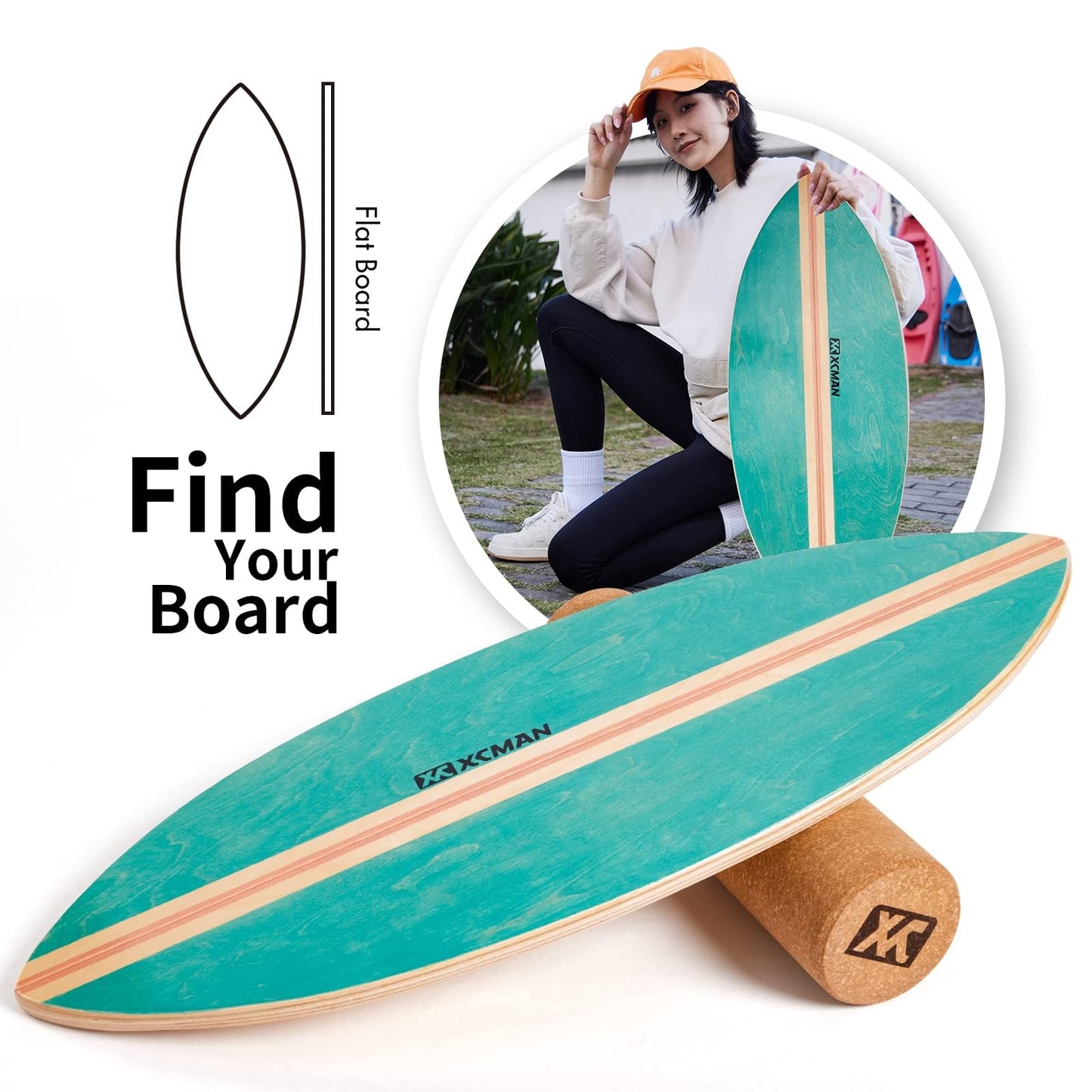 XCMAN Surf Balance Board Trainer with Roller Wooden Exercise Balancing Stability Trainer - Non Slip Surface for Adults Kids|Balance Board Surfing,Skateboarding,Hockey,Yoga
