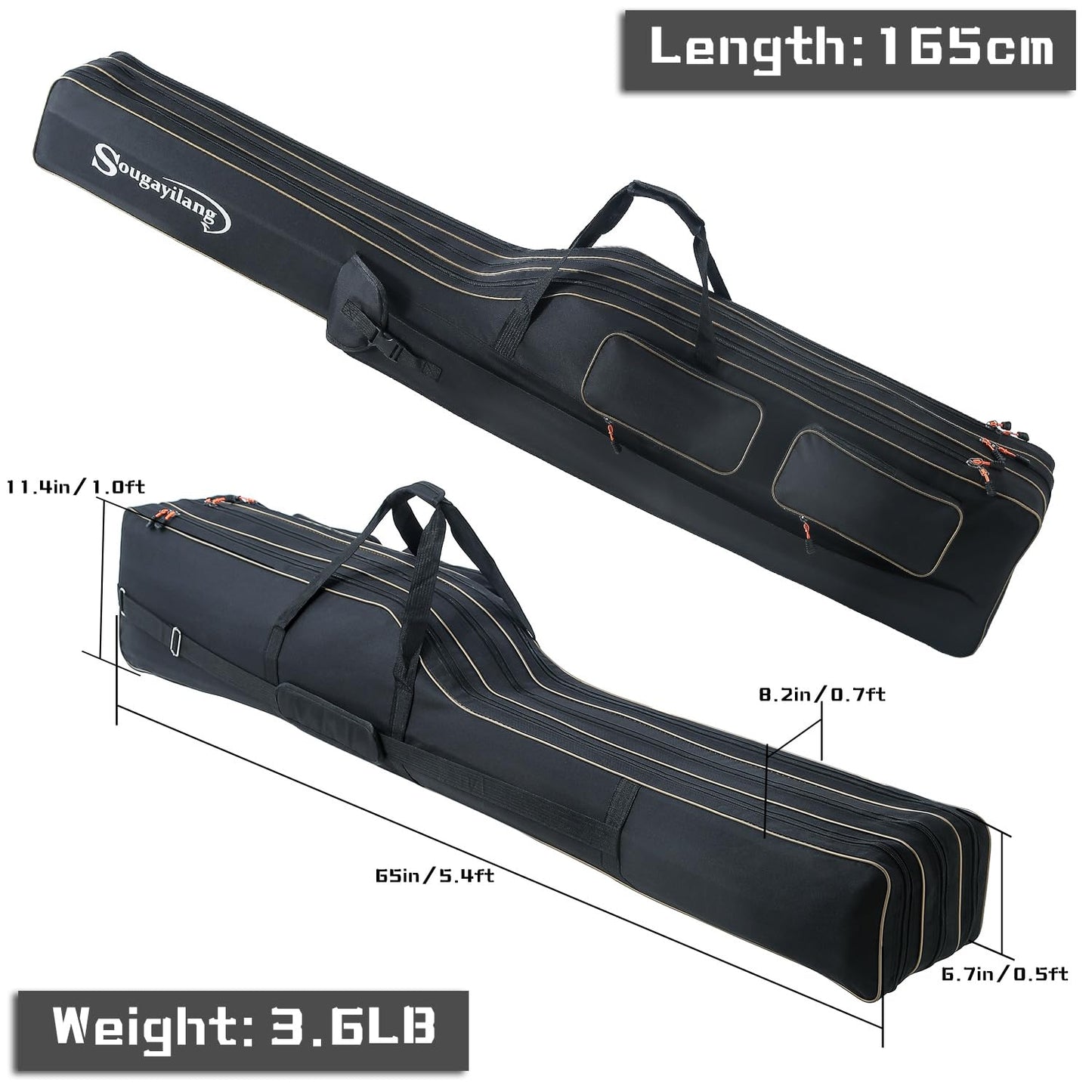 Sougayilang Fishing Rod Case, 3 Layers Organizer Fishing Pole Storage Bag Fishing Rod and Reel Carrier Organizer for Travel-165cm/65in-Black
