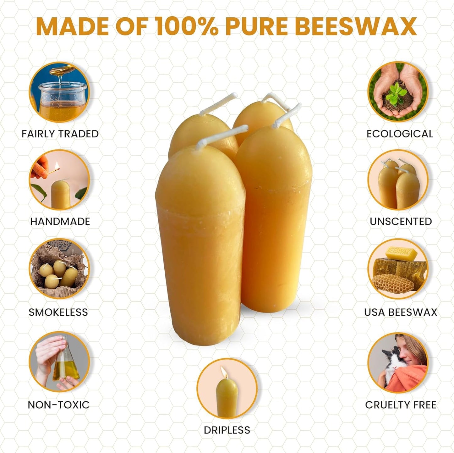 BeeTheLight Beeswax Lantern Candles (3.5" x 1.25") - Smokeless Unscented Candle - 12 Hours Burn Time Each - Pure Beeswax Candle - Handmade Camping Candle for Lanterns & Chandeliers - Pack of 10