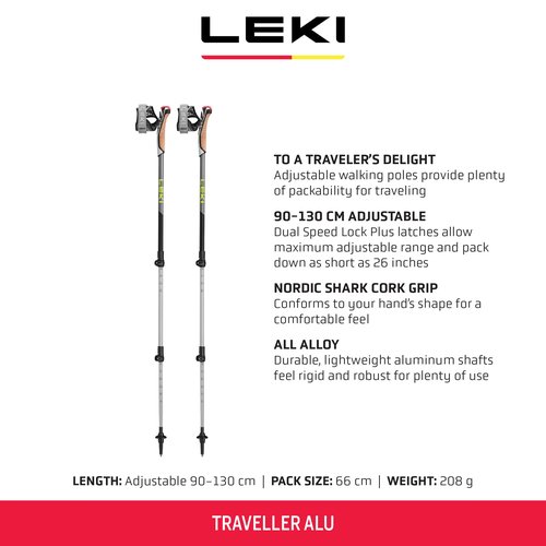 LEKI Traveller Alu Aluminum Adjustable Lightweight Trekking Poles for Hiking & Nordic Walking - Anthracite-Gray-Red - 90-130 cm