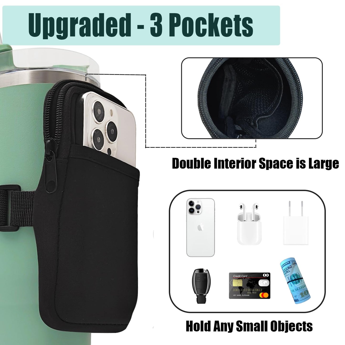 LMYUHONG Water Bottle Pouch for Stanley Cup Accessories 40oz 20oz 30oz,Tumbler Pouch with Versatile Pocket, for Cards, Keys,Earphone. Fits for Phones, Use for Running, Walking, Hiking & Biking,Black