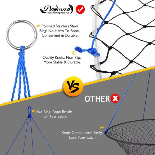 Dovesun Drop Net for Pier Fishing Nylon Portable Pier Net for Bridge Fishing Foldable Landing Neting Kit with Poly Rope Carabiners Stainless Steel Ring Soft Steel Hoop Size 31"