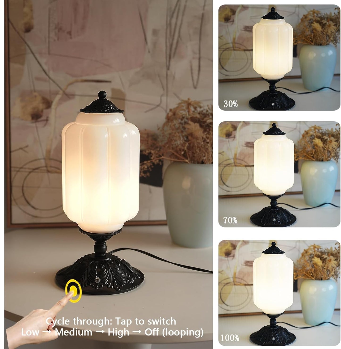 Milk Glass Touch Table Lamp, Elegant Green Jadeite Glass Bedside Desk Lamp 3 Way Dimmable with USB C+A Charging Ports - Bedroom Nightstand & Living Room Essential, 4W Bulb Included (Green, 6.5)