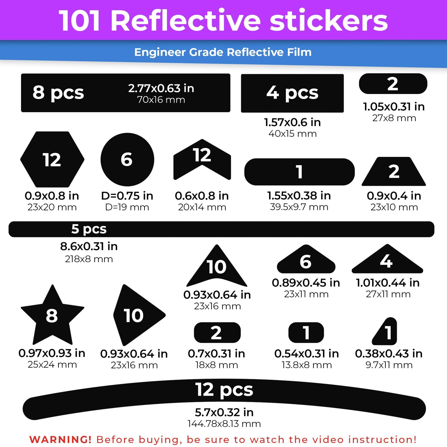 LOOM Reflective Stickers Mega Kit (101pcs Black)• Nighttime Safety Waterproof Self-Adhesive Decals for Helmets, Skateboard, Bike, Scooter, E-Bike, Motorcycle & Strollers • Bright Colors