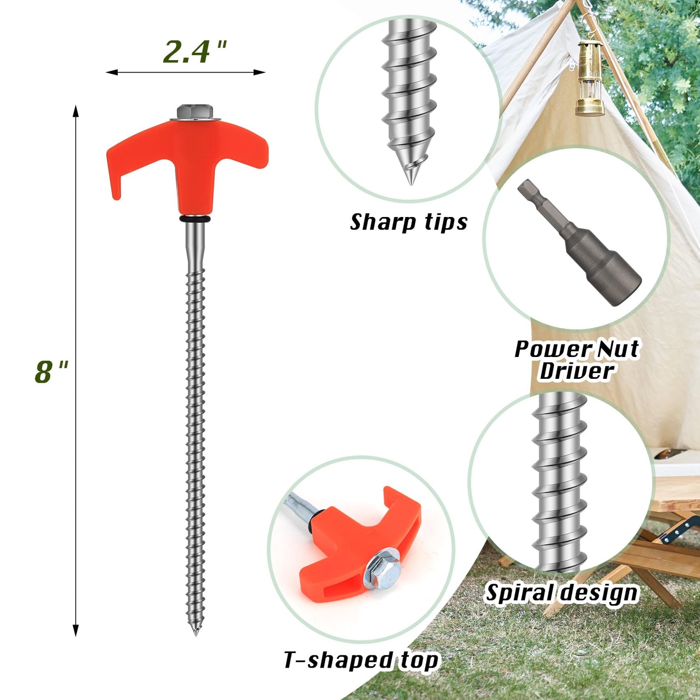 8" Screw in Tent Stakes 8PCS - Ground Anchors Screw in, Screw in Tent Stakes Heavy Duty, Galvanized - Camping Tent Accessories, Metal Threaded Tent Spikes with Hex Head Driver and Storage Bags