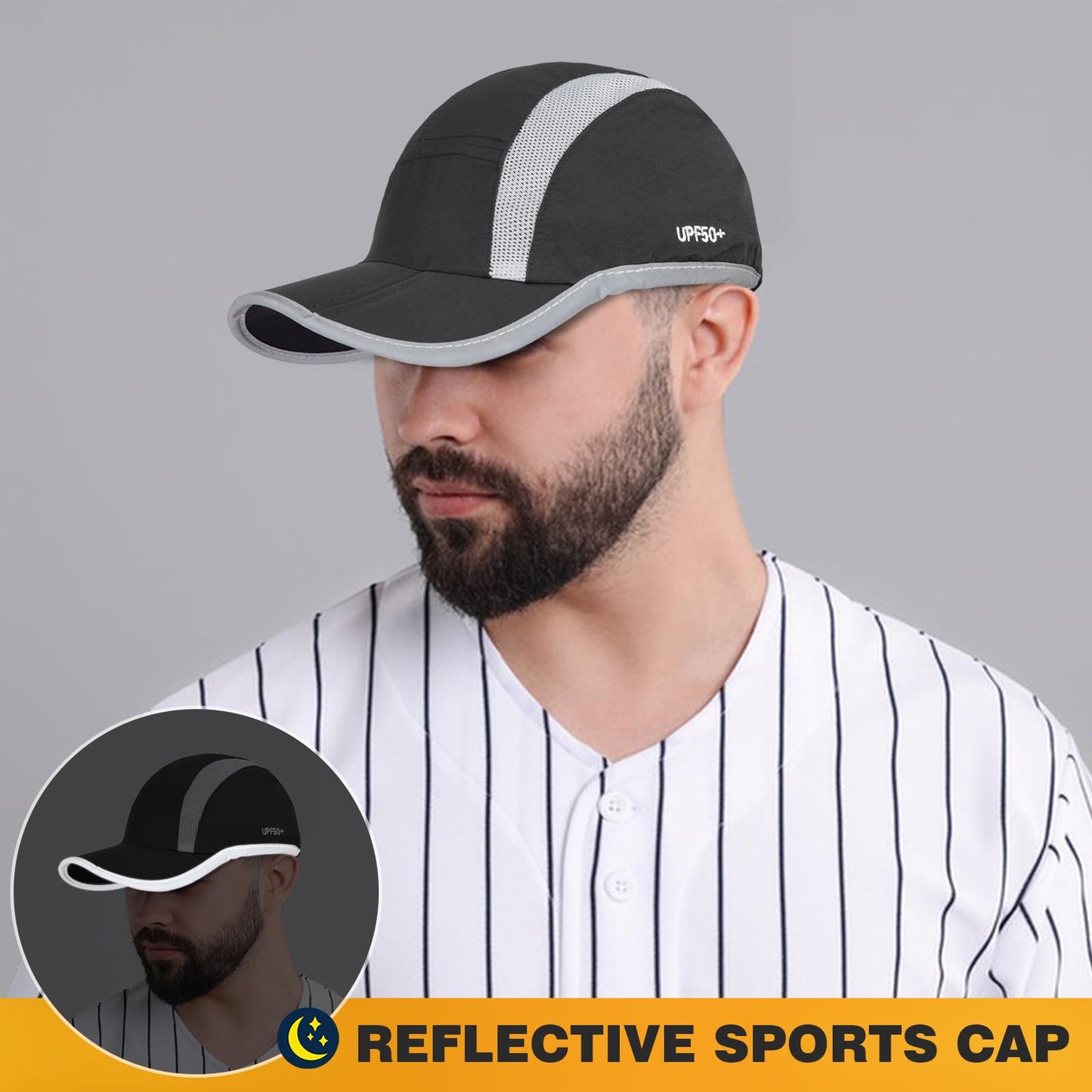 2 Pack Foldable Sports Hat with UPF 50+ Sun Protection Baseball Cap for Men Women Running Cap Quick Dry Portable Hat (Nylon, Dark Grey +Orange)