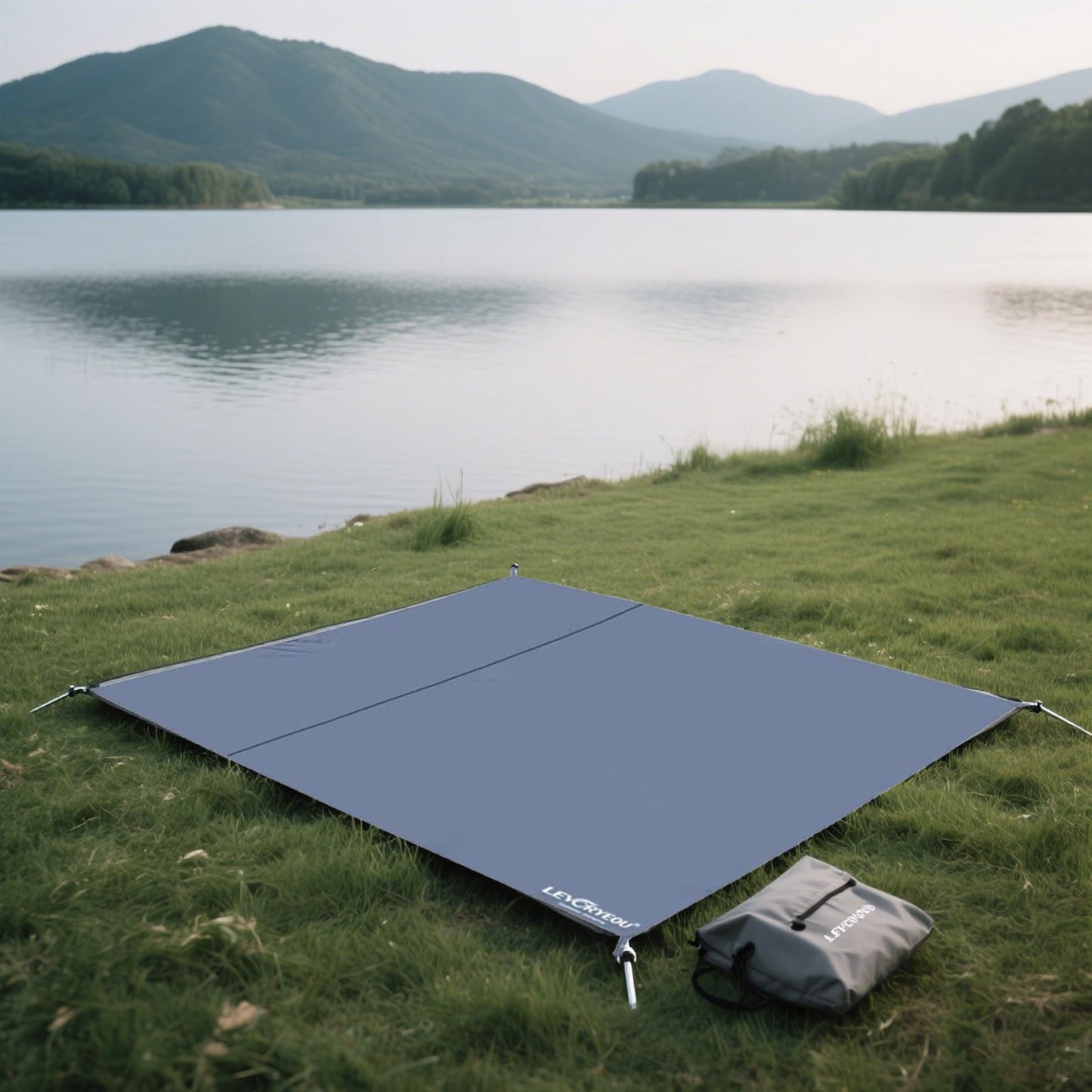 RUNGEASINI 8x8 FT Waterproof Tent Footprint - Heavy Duty 210D Oxford Ground Mat with Stakes - Fits 6-8 Person Tents for Camping, Picnic, Beach - Extra Large Square Tarp with Carry Bag (Gray-Blue)