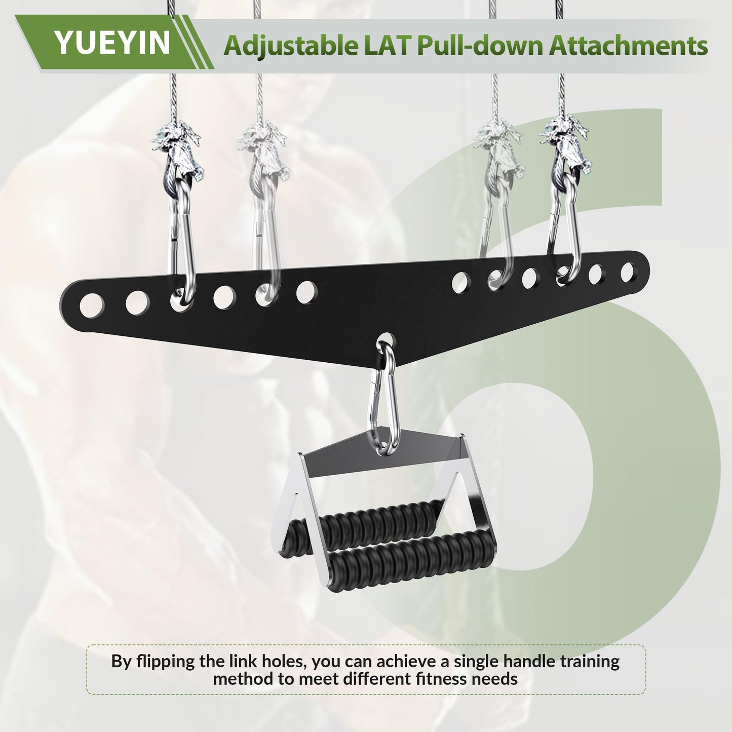 YUEYIN LAT Pull-Down Attachments, 6-Level Hole Adjustable, Cable Attachments for Gym, Compatible with Double or Single Exercise Handles, with 3 Strong Hooks, Black