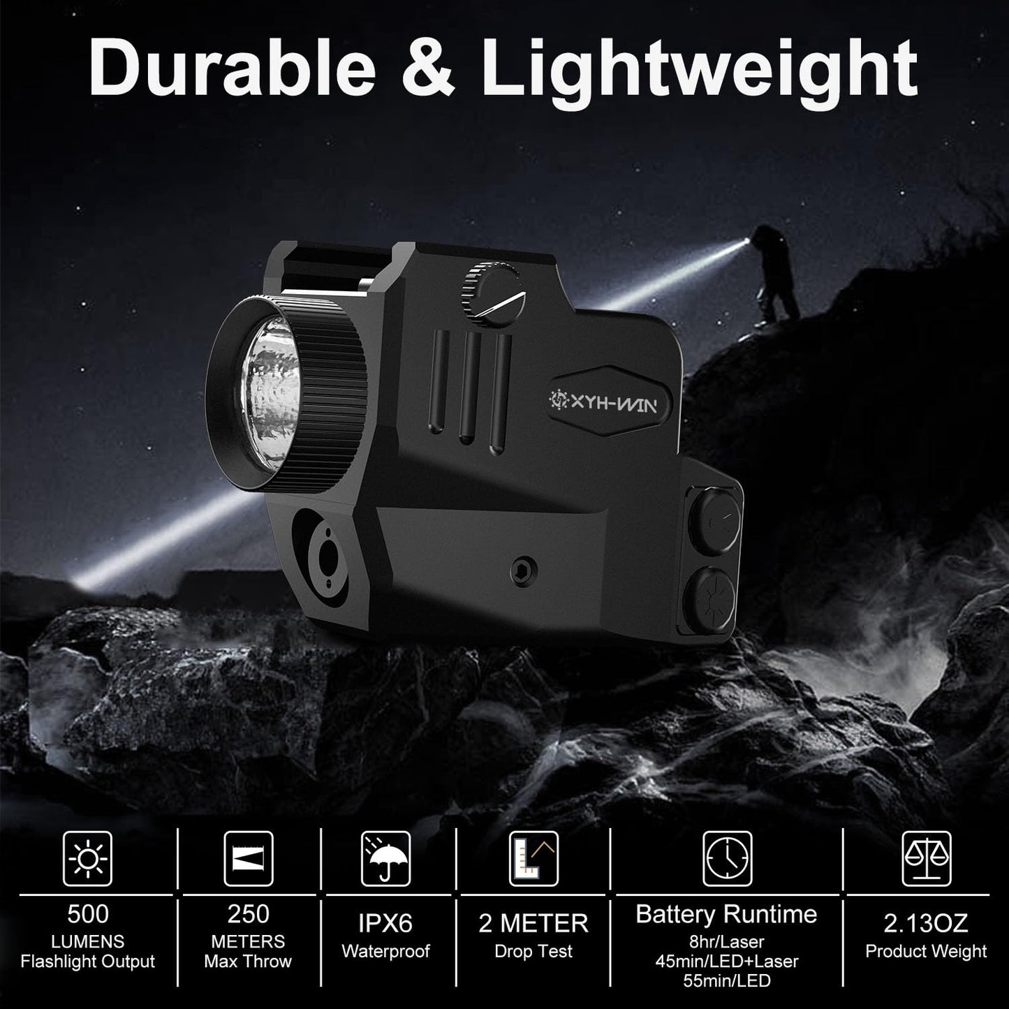 Picatinny Rail-Mounted Weaponlight Laser Combo with Strobe Function for Handguns, Magnetic Charging, 500 Lumens Pistol Light Laser Combo, Laser Class IIIA, 5mW