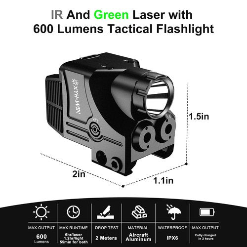 XYH-Win 600 Lumens Weapon Tactical Light Green/IR Laser Sight Combo, Pistol Light with Strobe/Constant Function, Dual-Color Laser Sight,USBC Rechargeable,Fits Standard Picatinny/Glock Rails