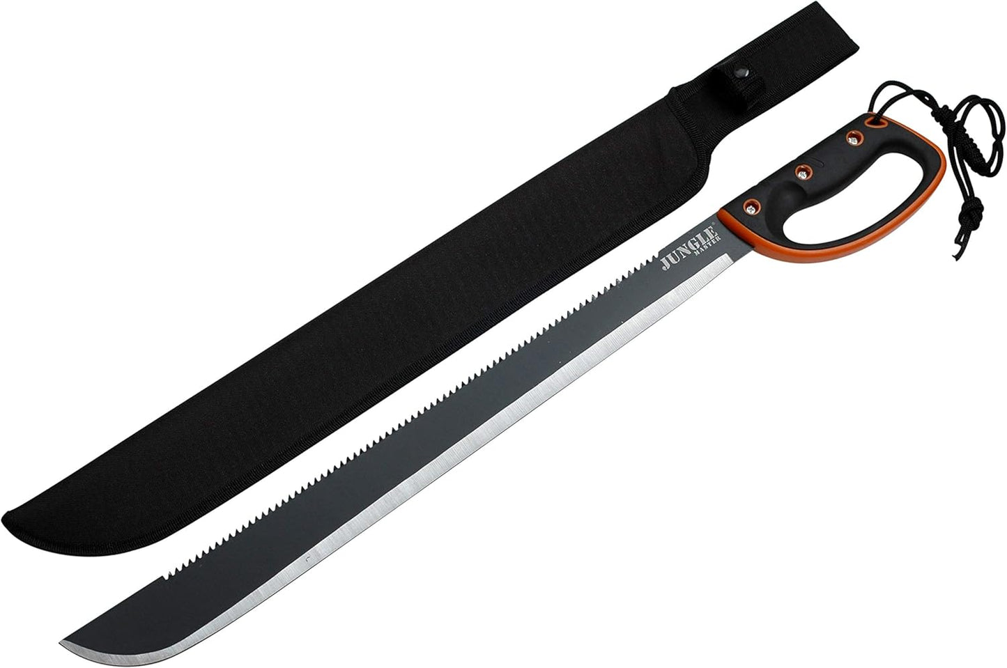 – Machete w/ Reverse Serrations – Black/Satin Blade, Full Tang, Black/Orange Rubberized Nylon Fiber Handle, Nylon Sheath, Outdoor, Hunt, Camp, Hike, Survival, JM-024L
