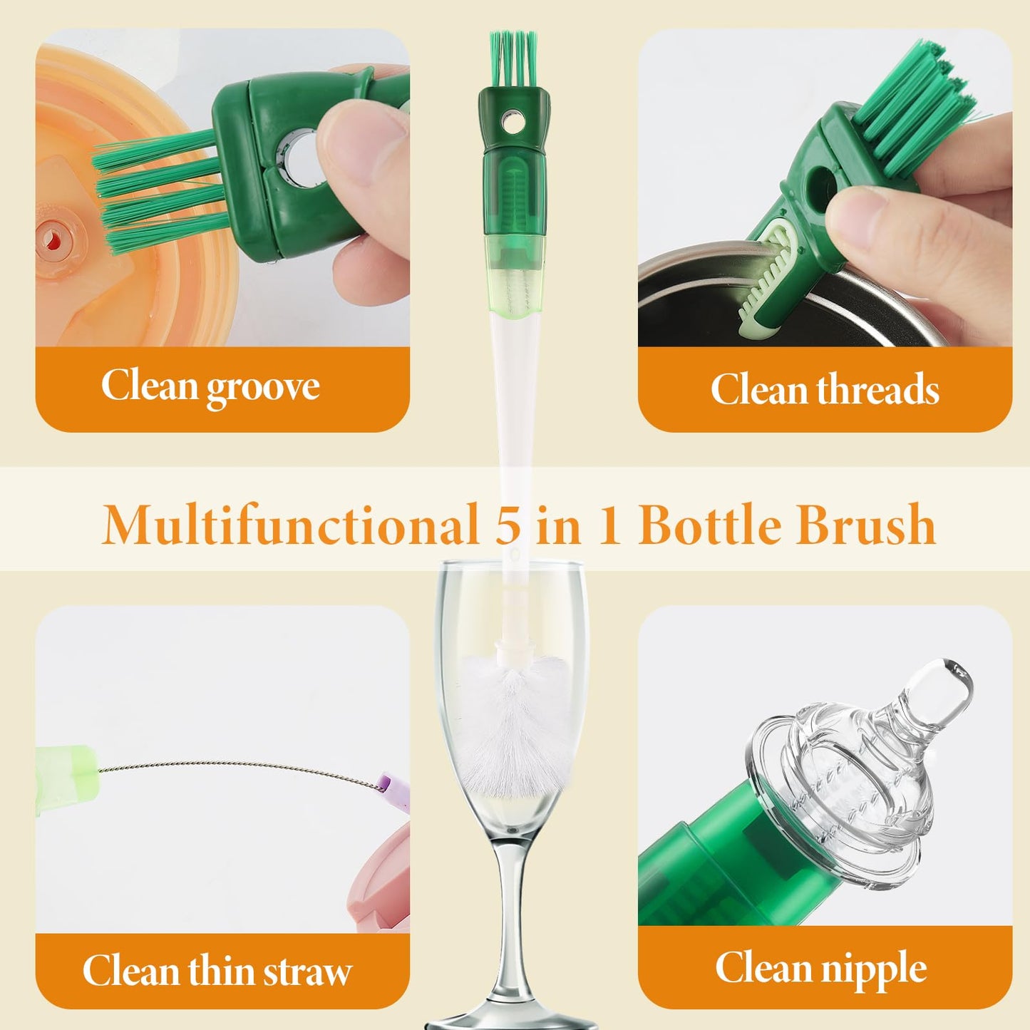 5 in 1 Water Bottle Brushes for Cleaning, Easily Cleans The Cup Mouth, Lid, Bottom, and Straw.Multifunctional Insulation Bottle Cleaning Tools, Home Kitchen Cleaning Tools