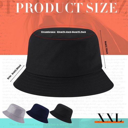 Zhanmai 3 Pcs XXL Bucket Hat for Man Woman Large Oversize Summer Beach Cotton Hats for Fisherman(Grey, Dark Blue and Black)