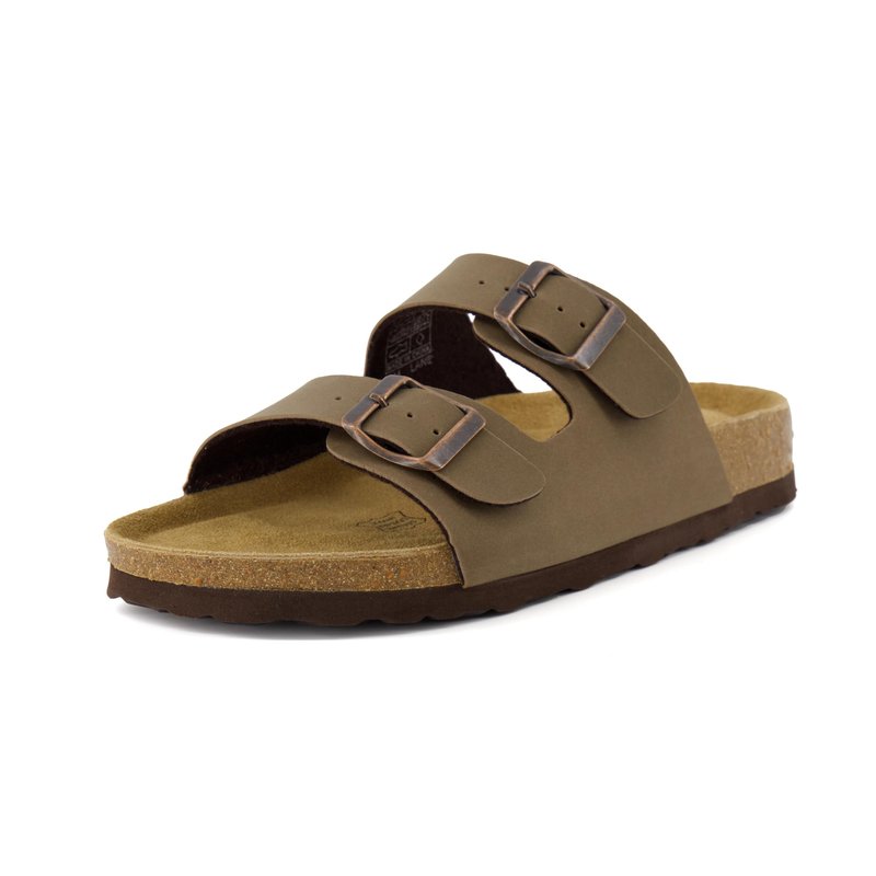 CUSHIONAIRE Lane Cork Footbed Womens Sandals Comfortable Double Buckle Slip On Sandals for Women with Arch Support and Classic Two Strap Design, BROWN 8