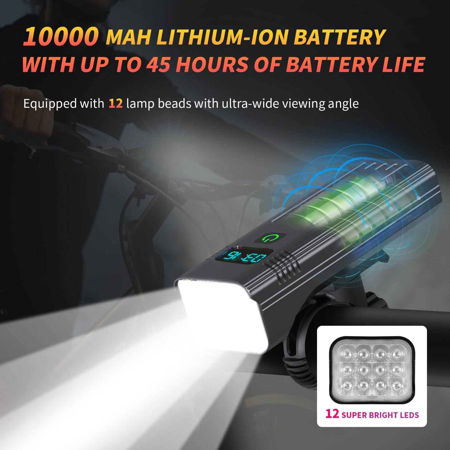 Ultra-Bright 12 LED Bike Lights for Night Riding - 10000mAh Bike Lights Rechargeable, 5+5 Modes Bike Headlight and Tail Light Set Runtime 36+ Hrs, for Road and Mountain Biking