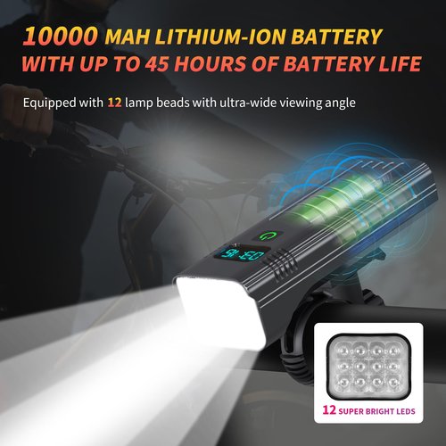 Ultra-Bright 12 LED Bike Lights for Night Riding - 10000mAh Bike Lights Rechargeable, 5+5 Modes Bike Headlight and Tail Light Set Runtime 36+ Hrs, for Road and Mountain Biking